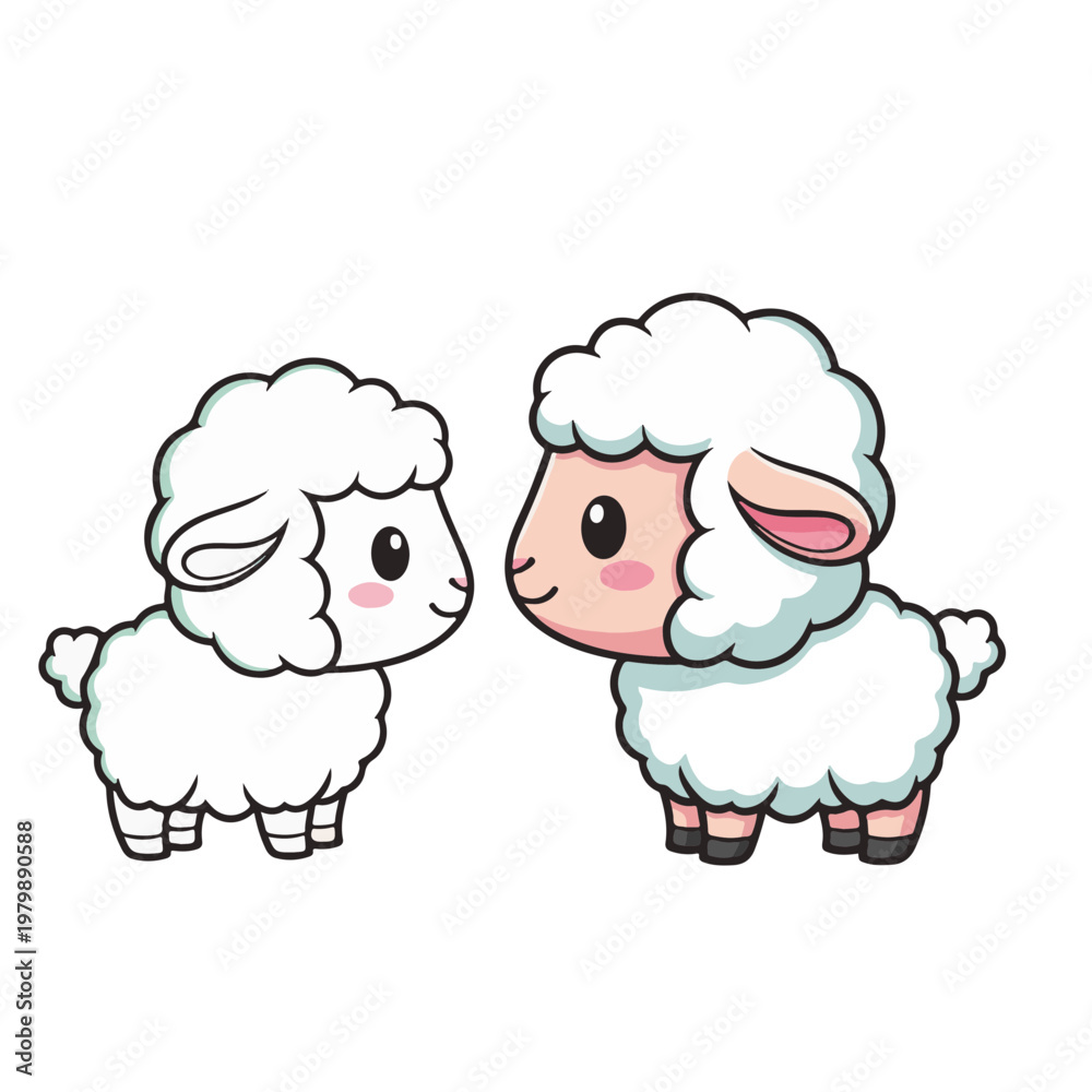 Obraz premium Charming graphic illustration of two adorable fluffy white cartoon lambs sweetly facing each other. Ideal for whimsical animal themes and delightful children's designs