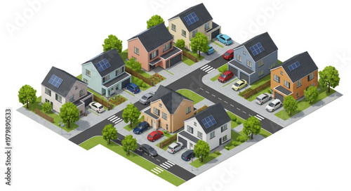 Suburban Neighborhood Street with Houses and Cars.