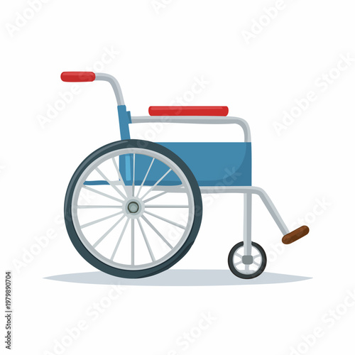 Blue wheelchair with red handles and seat on white background.