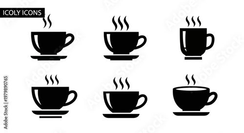 Tea cup vector icons set with steam lines and saucers black silhouette collection for cafe branding identity morning drink symbols isolated on white background