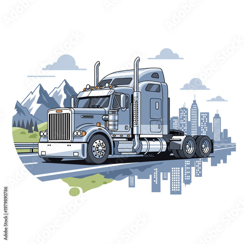 A detailed illustration of a silver semi-truck driving on a road with a city skyline and mountains in the background.