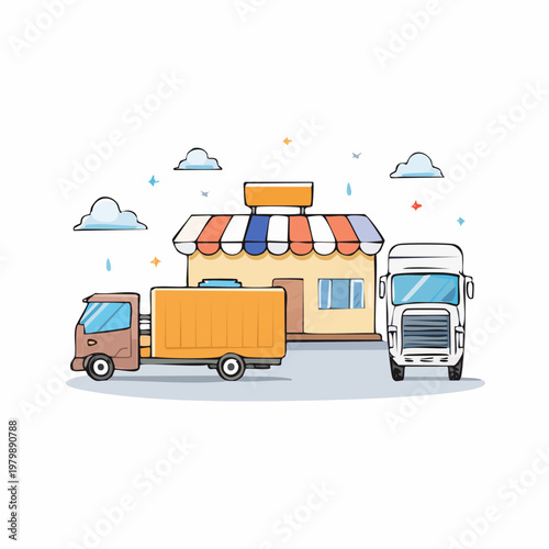 Delivery trucks parked outside a store building illustration.