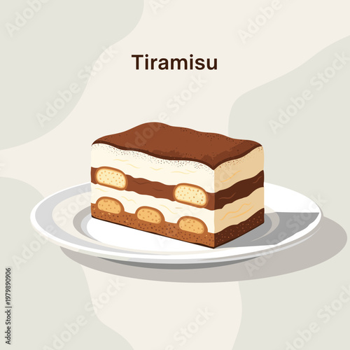 A slice of classic Italian tiramisu dessert with layers of cream and ladyfingers, topped with cocoa powder, served on a white plate.