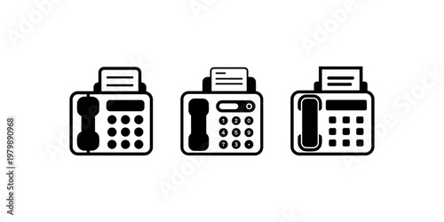 Fax machine icon set old technology communication device sending receiving documents business office equipment vintage electronic machine