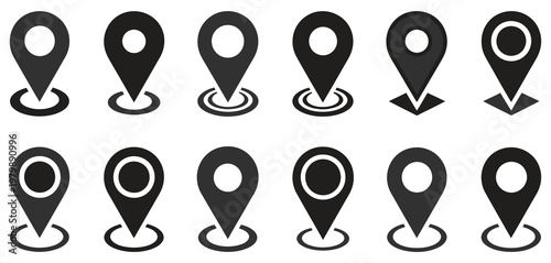 Location pin icon set map pointer collection of red and black location pin icons maps navigation GPS tracking and direction interfaces, travel route and geo location marker symbol vector