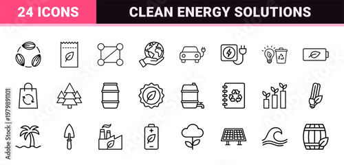 Eco-friendly energy and environment conservation line icons set.
