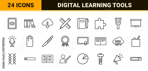 E-learning and online education minimalist outline icon set