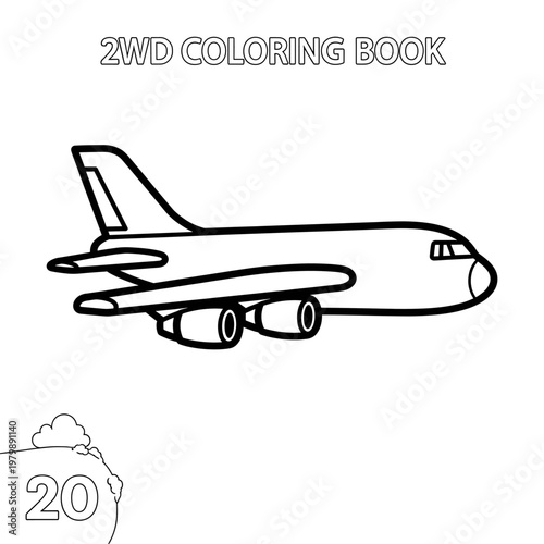 A simple black and white line drawing of a passenger airplane for a coloring book.