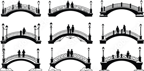 Pedestrian bridge silhouettes with railing designs human presence architecture flat vector