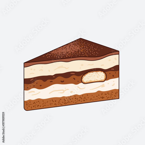 A detailed illustration of a delicious slice of tiramisu cake with visible layers and cocoa powder dusting, a classic Italian dessert.