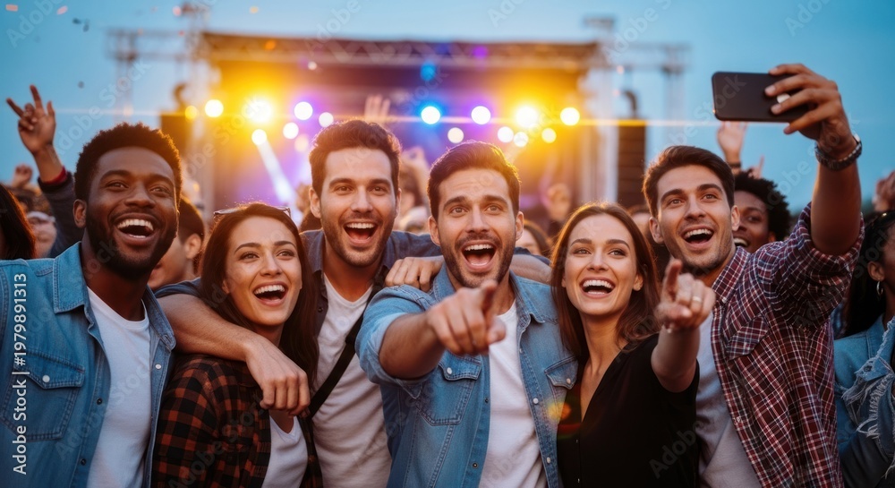 Obraz premium A group of people at a music festival, taking a selfie with a smartphone.
