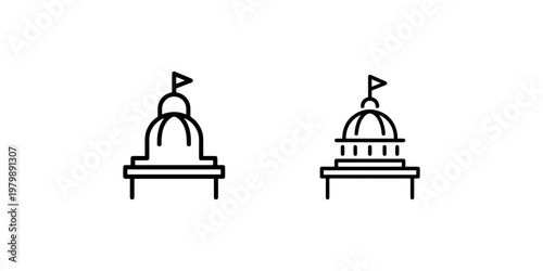 Capitol building icon, government headquarters, landmark architecture, political institution, domed structure with flag, outline vector
