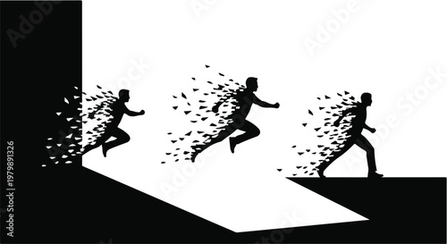 Runners emerge from a doorway while dissolving into small particles of light.