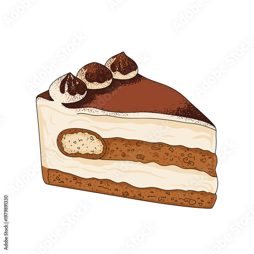 A delicious slice of classic Italian tiramisu cake with layers of cream, coffee-soaked biscuits, and cocoa powder, topped with decorative cream swirls.
