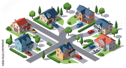 Suburban Neighborhood with Houses and Cars.