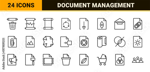 Minimalist file type and document management line icons.
