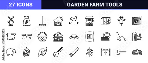 Farm and gardening minimalist outline icon set