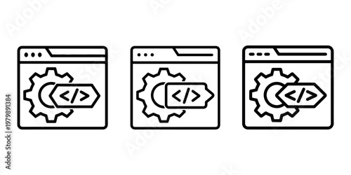 Set of three line art icons symbolizing programming and coding with gears and code tags inside browser windows illustrating development and settings on white