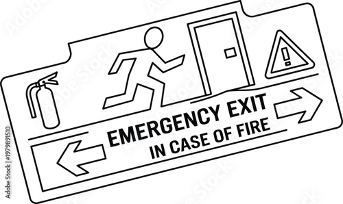 Standard safety sign indicating the emergency exit route and fire evacuation procedures for public building occupants