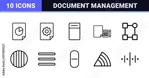 Minimalist document management and data analysis outline icon set