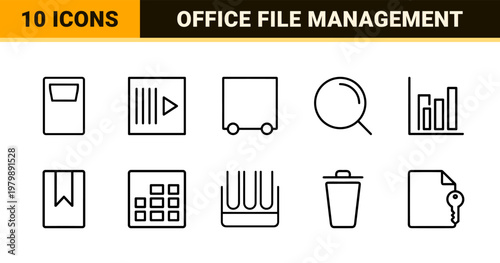 Business document and office file management outline icon set.