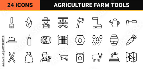 Agriculture and farming minimalist outline icon set