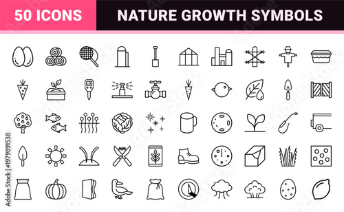 Agricultural and aquaculture minimalist outline icon set.