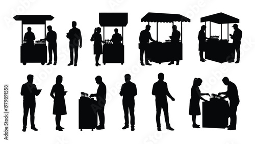 A collection of black silhouette figures depicting vendors at outdoor food stalls and customers interacting with them high quality professional detailed