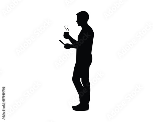 A black silhouette of a man standing while holding a steaming hot beverage and a mobile device. Vector