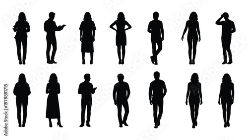 A collection of twelve diverse silhouettes of people standing showcasing varying postures and clothing styles against white high quality professional detailed