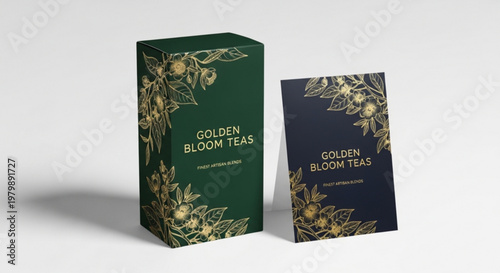 Tea packaging with floral design on green and black background