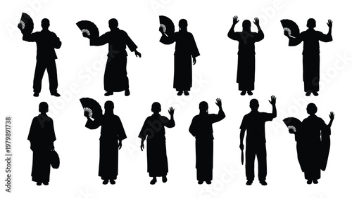 A collection of black silhouette figures demonstrating various tai chi and qigong poses with fans against a white background high quality
