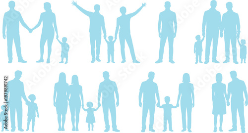   
Family silhouettes in diverse poses parents children relationship concept flat vector