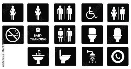 Collection of white restroom signage icons on black backgrounds illustrating various facility types and accessibility