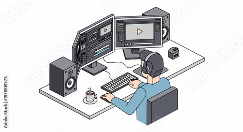 Professional Video Editor Working in Creative Studio with Dual Monitor Setup, Isometric Illustration