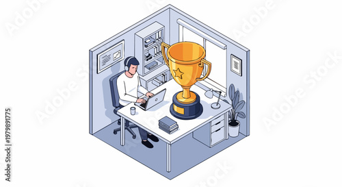 Isometric Illustration of a Professional Working at a Desk with a Giant Gold Trophy, Representing Business Success, Career Achievement, and Rewarding Milestones