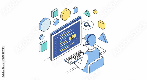 Software Developer Debugging Code on Computer Monitor, Isometric Illustration of QA Engineer Testing and Troubleshooting Application Bugs