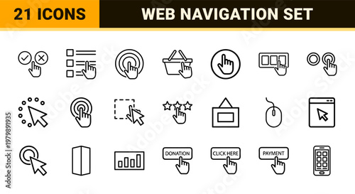 Web interaction and cursor click gesture line icon set.