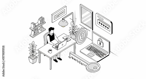 Isometric Cybersecurity Illustration: Man Working on Laptop with Data Privacy and Protection Symbols like Shield, Key, and Password Security