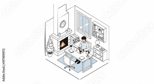 Isometric Illustration of a Man Working Remotely in a Cozy Winter Home Office with Fireplace and Christmas Decor