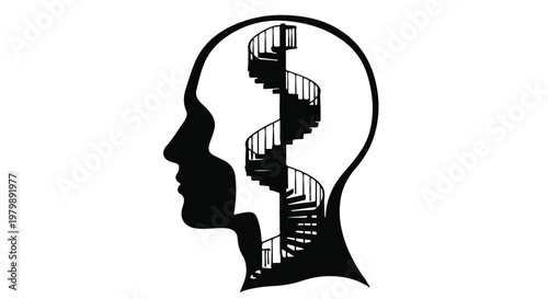 Human head silhouette contains a spiral staircase representing complex mental pathways.