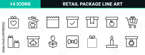 Minimalist gift box and shopping reward outline icon set.