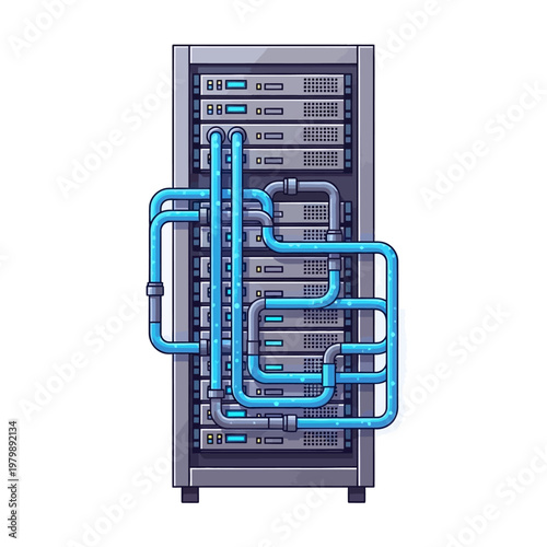 Server Rack with Blue Cooling Pipes - Data Center Technology