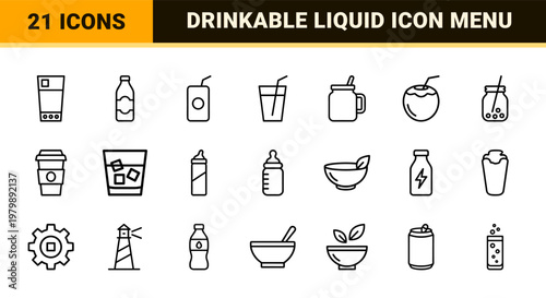 Beverage and drink minimalist outline icon collection