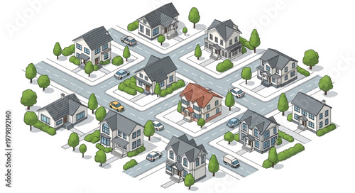 Suburban Neighborhood with Houses and Streets.