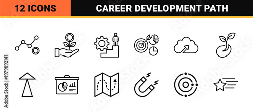 Growth and business development line icon set