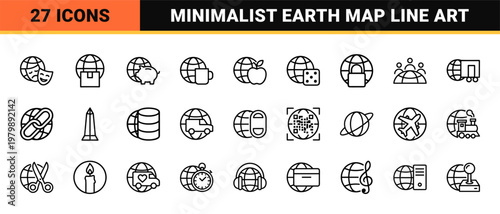 World globe and earth geography outline icons for global business and ecology.
