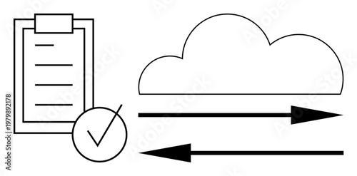 Cloud storage, data synchronization, file transfer, record keeping, digital communication, task management. A cloud, checklist and arrows interaction. Cloud storage and data synchronization