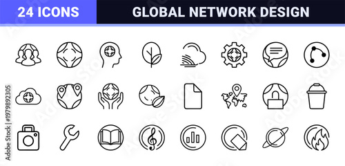 Minimalist globe and world map outline icon set for environment and network connectivity.