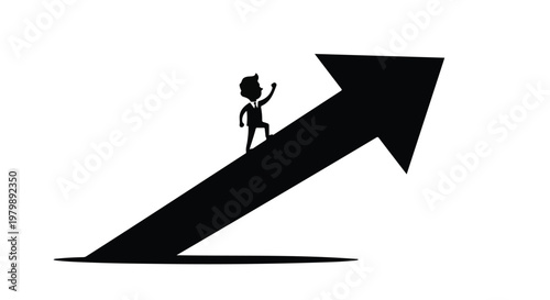 Businessman walks upward along a large rising arrow representing financial growth.